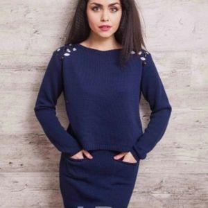 WOOL DESIGNER MODERN BLUE SUIT SET WITH SKIRT AND RHINESTONES
